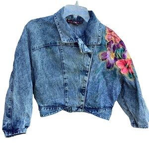 Vintage Denim Blue Jean Jacket Floral 80s Women’s Size Large